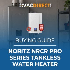 HVACDirect.com blog graphic featuring the Noritz NRCR Pro Series tankless water heater with product image, 15-year warranty badge, and buying guide text.
