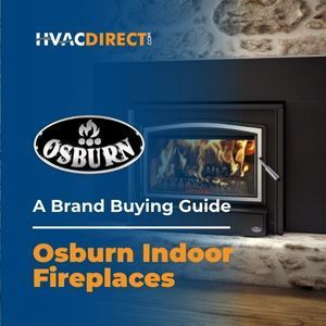 Osburn brand logo and wood fireplace insert with text "A Brand Buying Guide - Osburn Indoor Fireplaces
