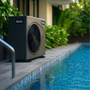 "Modern pool heat pump unit installed beside a clear blue backyard swimming pool on a sunny day