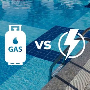 Side-by-side comparison of an electric pool heat pump and a gas pool heater installed beside a backyard swimming pool