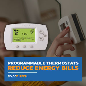 Programmable thermostat on wall helps homeowners reduce energy bills by automating heating and cooling schedules