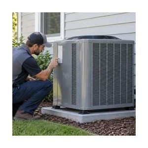 Technician checking an installed heat pump nameplate