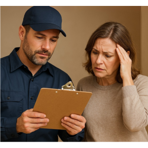Woman and HVAC technician looking at quote for HVAC system