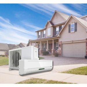 Ductless mini split AC unit and suburban home with dollar signs representing added home value