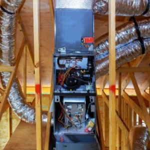 Gas furnace installed in attic with ductwork for single stage, two stage, and modulating heating systems