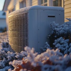 Outdoor heat pump covered in light snow beside a home during winter – efficient split system heating solution for cold weather