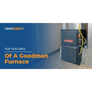 Goodman furnace installed next to ductwork in a home utility area with HVACDirect top features banner