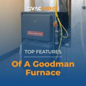 Goodman gas furnace installed in a basement with text overlay highlighting top features of a Goodman furnace
