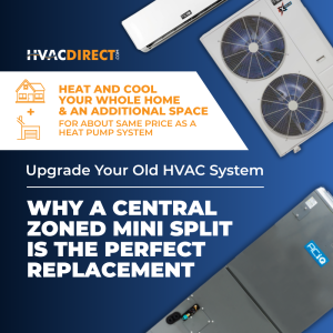 HVACDirect.com banner promoting central zoned mini split systems as the best replacement for old HVAC, highlighting whole-home heating and cooling with an extra zone