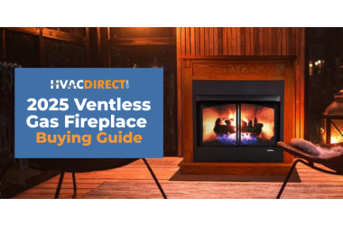 Cozy living room with a ventless gas fireplace and HVACDirect.com 2025 Ventless Gas Fireplace Buying Guide banner