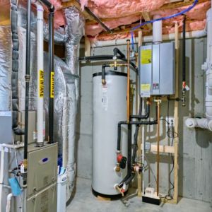 Residential furnace, water heater, and central air conditioning system installed in a finished basement — example of a complete HVAC setup for home comfort and efficiency