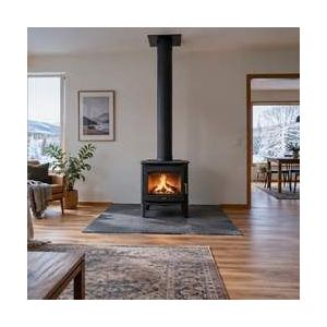 Wood stove installed on a hearth in a living room