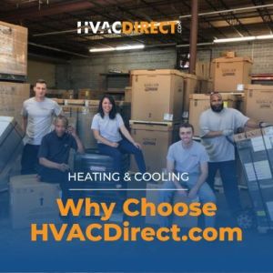 HVACDirect.com team members standing in warehouse surrounded by heating and cooling equipment and inventory