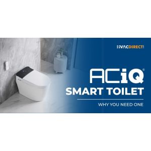 ACiQ smart toilet installed in a modern luxury bathroom with blue HVACDirect promotional banner