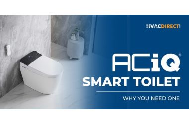 ACiQ smart toilet displayed in a luxury bathroom with HVACDirect branding and promotional text