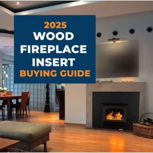 Modern living room with stone fireplace featuring an EPA-certified wood burning insert, part of the 2025 wood fireplace insert buying guide.