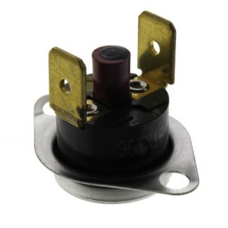 A small metal Reznor RZ196950 manual reset limit switch with two mounting holes, two electrical terminal spades, and a center red reset button.
