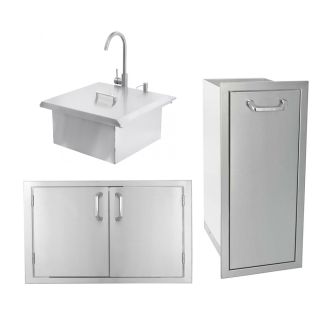 BBQ Direct Outdoor Kitchen 3-piece Set With Double Access Door & Narrow Roll-Out Trash Bin & Outdoor Rated Drop-In Bar Sink