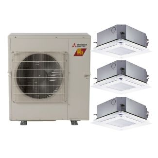 28,400 BTU Mitsubishi P-Series 20 SEER2 Three Zone Ceiling Cassette Mini Split Hyper Heat Pump System | 12 + 12 + 12