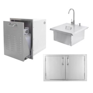 BBQ Direct Outdoor Kitchen 3-Piece Set With Double Access Door & Roll-Out Trash/Propane Tank Drawer & Outdoor Rated Drop-In Bar Sink