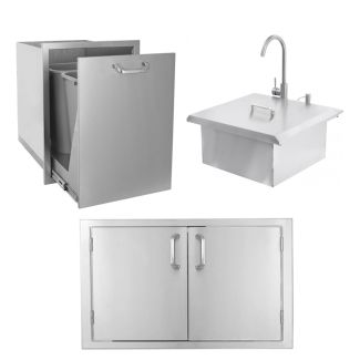 BBQ Direct Outdoor Kitchen 3-Piece Set With Double Access Door and Roll-Out Double Trash/Recycling Bin and Outdoor Rated Drop-In Bar Sink