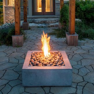 HPC Alea 32" Square Concrete Gas Fire Pit with CSA Certified Match Light Ignition In Charcoal with Slate Beach Stone & Torpedo Burner - TOR-ALEA32-CHSB-MLFPK