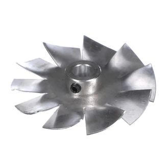Reznor RZ068005 F-Style 3-blade replacement fan with a silver metallic finish, showing the 2-inch center hub and wide aluminum blades for HVAC unit heaters.
