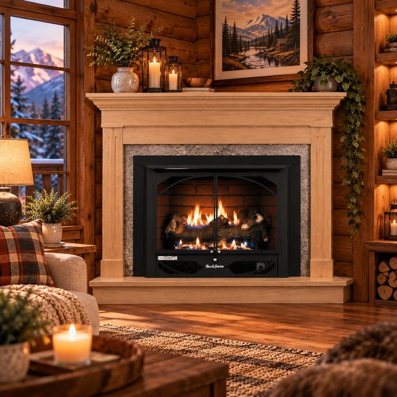 Buck Stove 384 Vent Free Gas Fireplace with Unfinished Oak Contemporary Corner Mantel for Propane