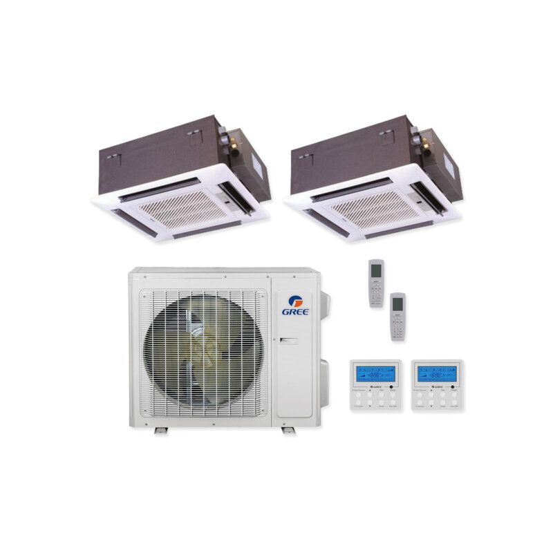 Gree 24,000 BTU 16 SEER Dual Zone Ceiling Cassette Heat Pump System 12+18 - MULTI24HP230V1CO / CAS12HP230V1AC / CAS18HP230V1AC