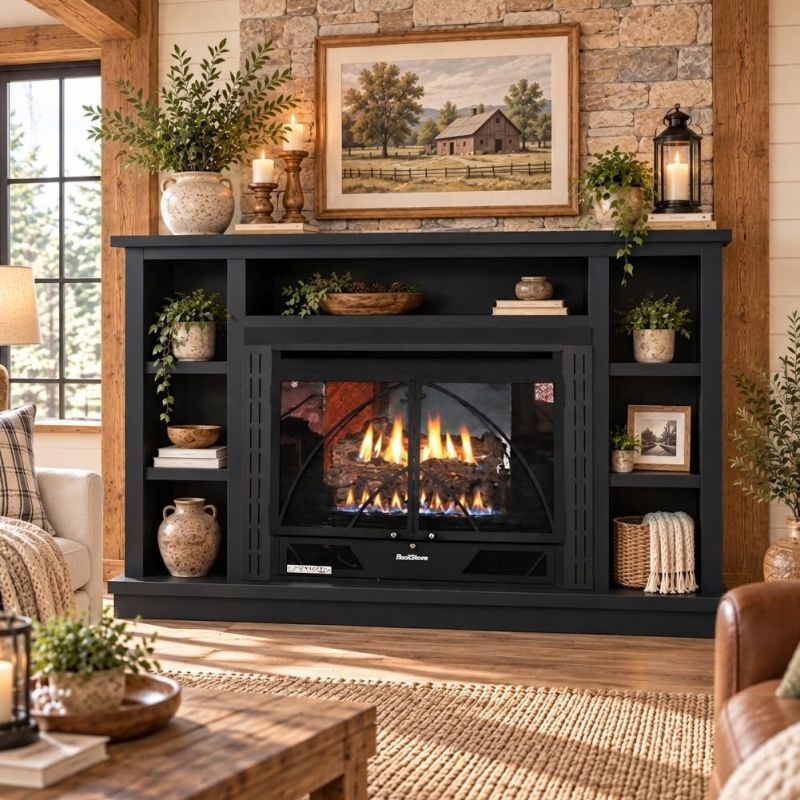 Buck Stove 34 Contemporary Vent Free Gas Fireplace with Black Prestige Bookcase Flat Wall Mantel for Propane