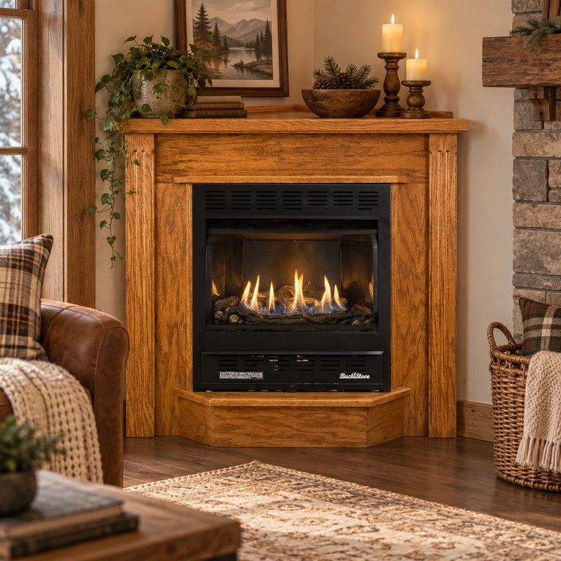 Buck Stove 1127 Vent Free Gas Fireplace with Dark Oak Deluxe Corner  Mantel for Propane