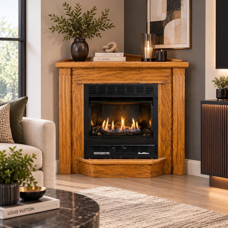 Buck Stove 1127 Vent Free Gas Fireplace with Dark Oak Deluxe Corner Mantel for Natural Gas