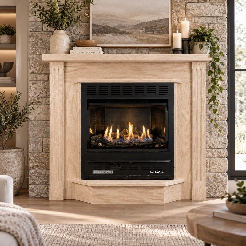 Buck Stove 1127 Vent Free Gas Fireplace with Unfinished Oak Deluxe Mantel for Natural Gas