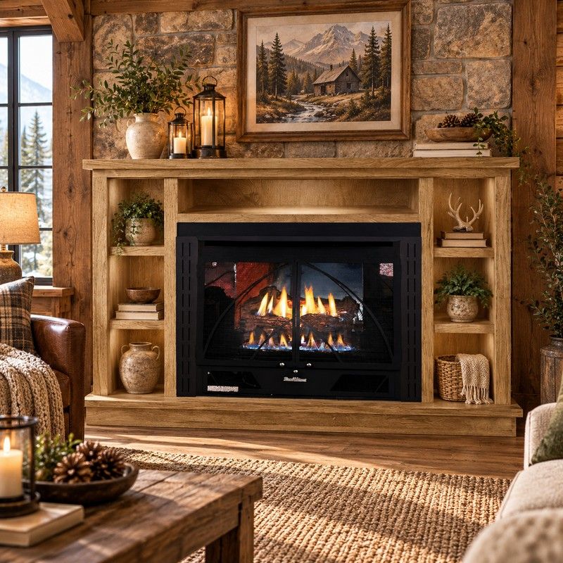 Buck Stove 34 Contemporary Vent Free Gas Fireplace with Dark Oak Prestige Bookcase Flat Wall Mantel for Propane