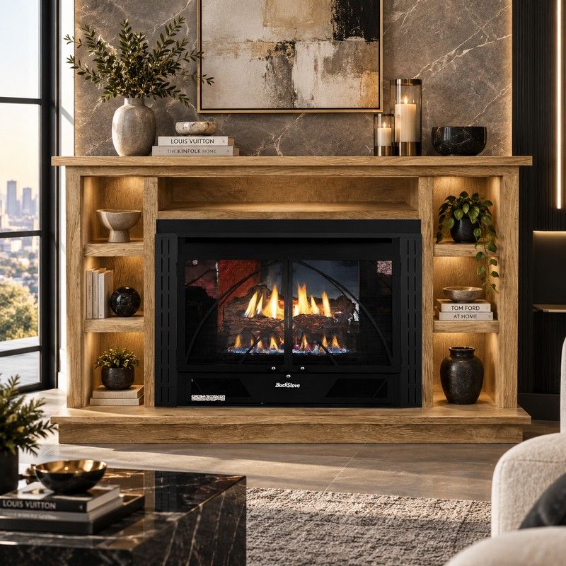 Buck Stove 34 Contemporary Vent Free Gas Fireplace with Dark Oak Prestige Bookcase Flat Wall Mantel for Natural Gas