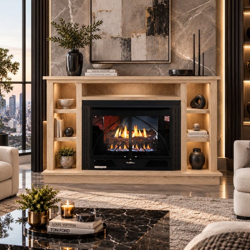 Buck Stove 34 Contemporary Vent Free Gas Fireplace with Unfinished Oak Prestige Bookcase Flat Wall Mantel for Natural Gas