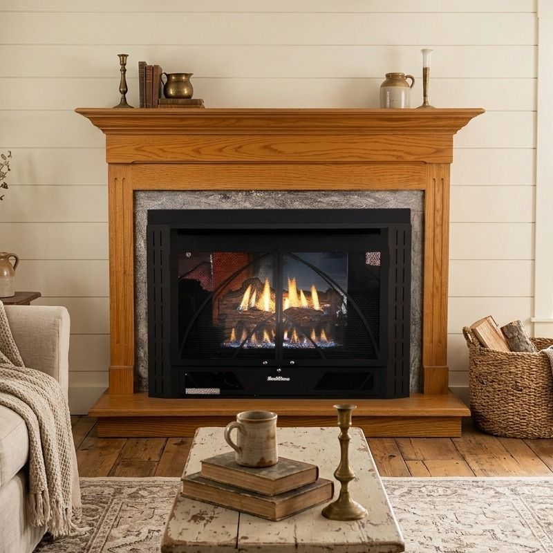 Buck Stove 34 Contemporary Vent Free Gas Fireplace with Dark Oak Contemporary Flat Wall Mantel for Propane