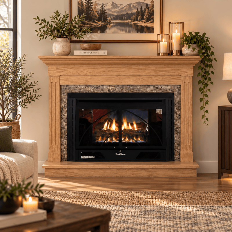 Buck Stove 34 Contemporary Vent Free Gas Fireplace with Unfinished Oak Contemporary Flat Wall Mantel for Natural Gas