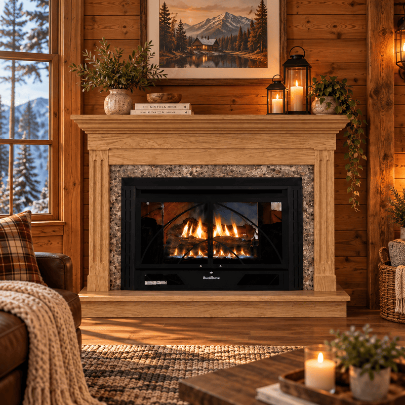 Buck Stove 34 Contemporary Vent Free Gas Fireplace with Unfinished Oak Contemporary Flat Wall Mantel for Propane