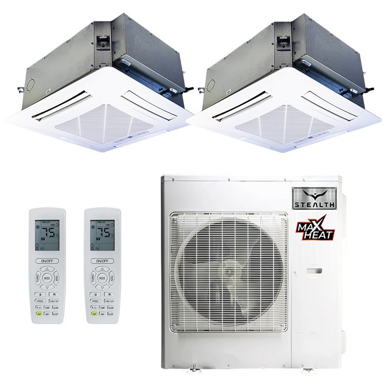 36,000 BTU 23 SEER Stealth Comfort Designer+ Dual Zone Ceiling Cassette Heat Pump System 12+24