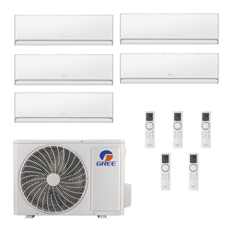 42,000 BTU Gree Sapphire 21 SEER2 Five Zone Wall Mount Mini Split Heat Pump System - R32 | 230V - 9 + 9 + 9 + 9 + 24