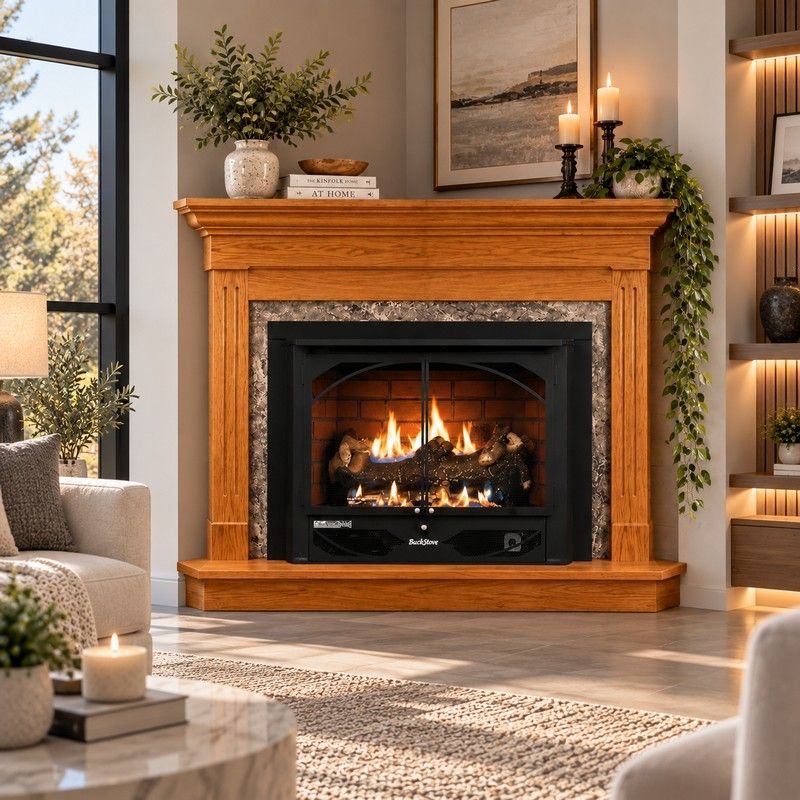 Buck Stove 384 Vent Free Gas Fireplace with Dark Oak Contemporary Corner Mantel for Natural Gas