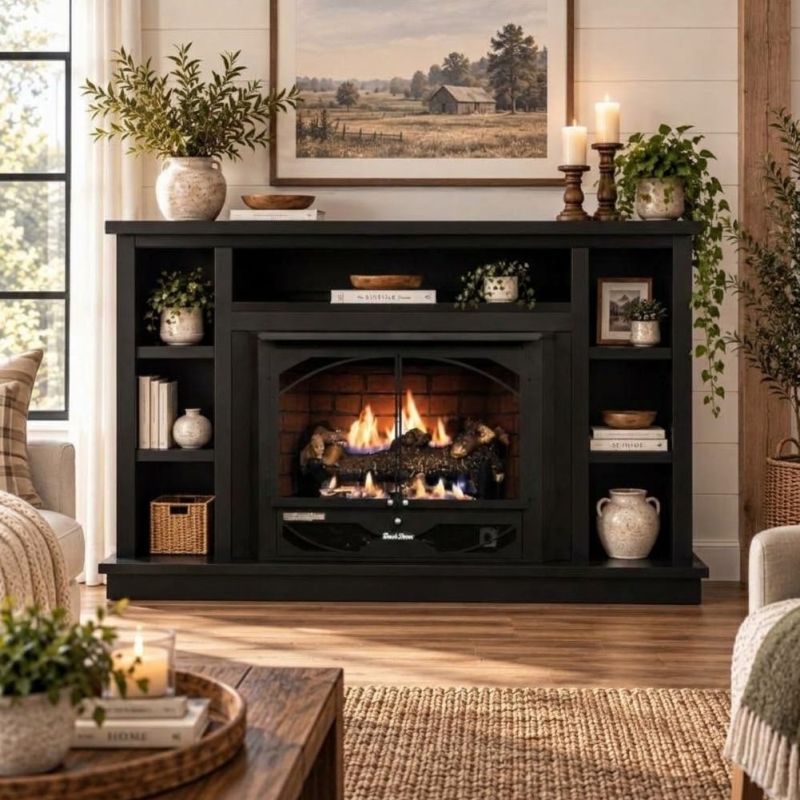 Buck Stove 384 Vent Free Gas Fireplace with Black Prestige Bookcase Flat Wall Mantel for Natural Gas