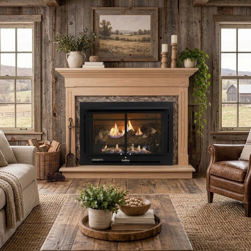Buck Stove 34 Manhattan Vent Free Gas Fireplace with Unfinished Oak Contemporary Flat Wall Mantel for Propane