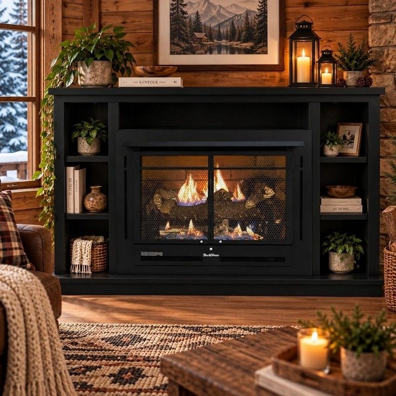 Buck Stove 34 Manhattan Vent Free Gas Fireplace with Black Prestige Bookcase Flat Wall Mantel for Propane