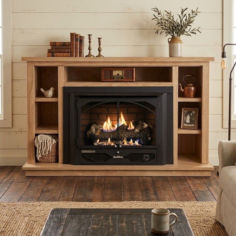 Buck Stove 384 Vent Free Gas Fireplace with Light Oak Prestige Bookcase Flat Wall Mantel for Propane