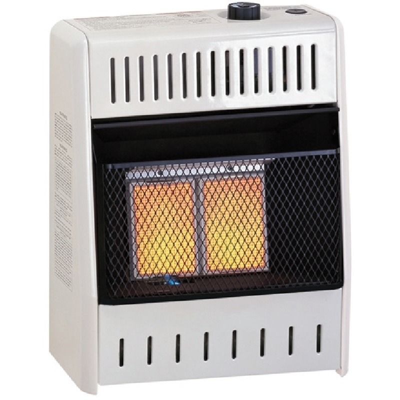 Buck Stove 10,000 BTU Natural Gas wall-mountable vent-free infrared gas space heater with two glowing orange heating plaques visible behind a black protective mesh wire grille
