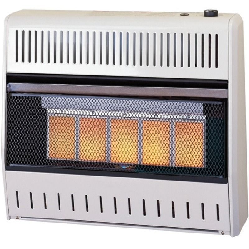 Buck Stove 25,000 BTU Propane wall-mountable vent-free infrared gas space heater with five glowing orange heating plaques visible behind a black protective mesh wire grille