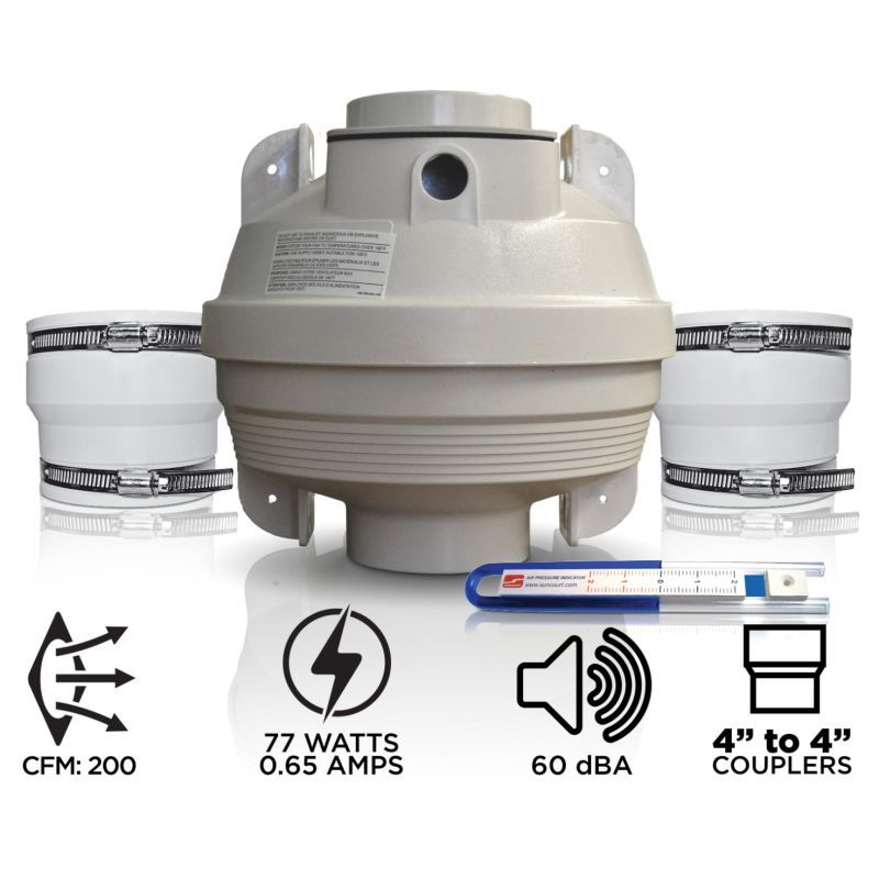 Suncourt Radon Mitigation Fan Kit 4" Fan with 4" to 3" Couplers - RDN04-3
