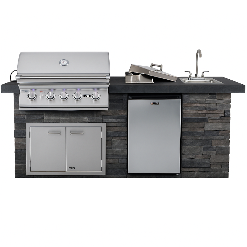 Lion 8ft Outdoor BBQ Kitchen Island with L75000 Natural Gas Grill, Side Burner, Access Doors, Sink & Refrigerator in Gray Stone & Black Tile - Resort Q Custom